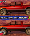 Before and after view of Two Inch Front Lift Kit For Ram 1500 2009 To 2026 4WD And Dakota 2005 To 2011 2WD 4WD And Raider 2006 To 2009 Aluminum CNC