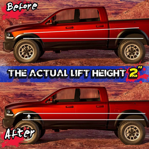 Before and after view of Two Inch Front Lift Kit For Ram 1500 2009 To 2026 4WD And Dakota 2005 To 2011 2WD 4WD And Raider 2006 To 2009 Aluminum CNC