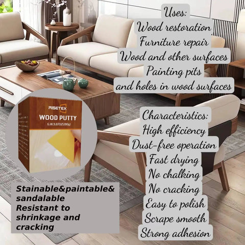 Premium White Wood Filler Putty For Furniture Repair Stainable Paintable Water Resistant Quick Dry Formula on display in a living room setting.