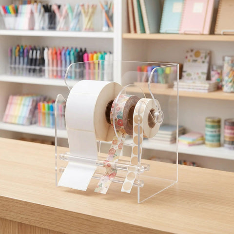 Acrylic Label Dispenser With Adjustable Three Slots For Shipping And Fast Paced One Hand Loading For Printing Shops DIY Areas And Busy Ecommerce Workflows A Reliable Label Roll Holder And Tape Storage Solution, clear acrylic with three rolls