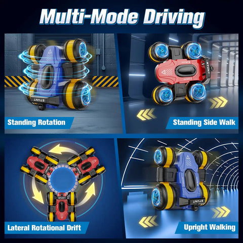 Multi-mode driving features of High Speed RC Drift Stunt Car With Upright Driving, Sideways Moves, 360 Spin Tricks, Red and Yellow Finish