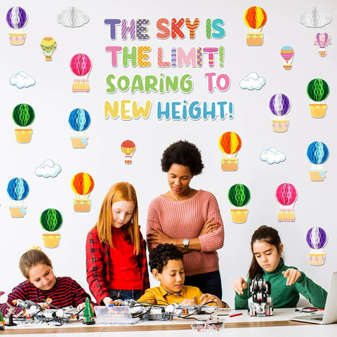 3D Hot Air Balloon Honeycomb Bulletin Board Set For Classroom Decor With Colorful Balloon Cutouts And Cloud Shapes displayed in classroom