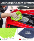 Person cleaning red car with a green Ultra Absorbent Microfiber Cleaning Cloths 100 Pack 12x12 Inches All Purpose Towels.