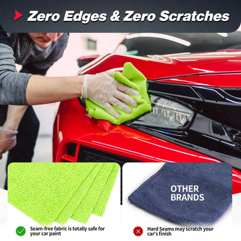 Person cleaning red car with a green Ultra Absorbent Microfiber Cleaning Cloths 100 Pack 12x12 Inches All Purpose Towels.
