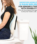 Woman sitting on toilet with Heavy Duty Toilet Lid Back Support Cushion For Seniors And Postpartum Moms for lumbar relief.