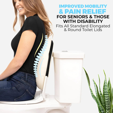 Woman sitting on toilet with Heavy Duty Toilet Lid Back Support Cushion For Seniors And Postpartum Moms for lumbar relief.