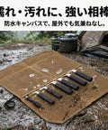 Durable Canvas Knife Roll Case For Outdoor Use And Camping, Waterproof 7 Pocket Knife Organizer in muddy outdoor setting