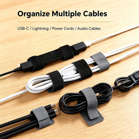 Reusable Cable Management Straps And Self Adhesive Cord Organizers For Power And Usb Cables featuring adjustable hook and loop design organizing various cords.