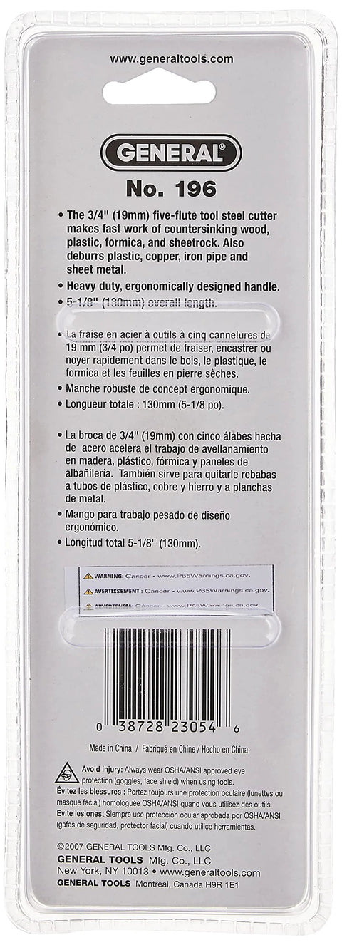 Back view of General Tools No. 196 packaging: short-length hand reamer and countersink, 3/4 in, five-flute steel cutter.
