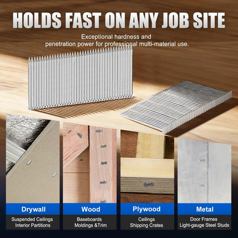 14 Gauge 2 Inch Galvanized Steel Concrete T Nails Heavy Duty For Wood And Concrete Projects 800 Pieces Box Durable Rust-Resistant Finish Indoor Outdoor Use, shown with drywall, wood, plywood, and metal use