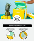 Strapped Picnic Style 11 Quart Cooler with Adjustable Crossbody Strap for hands free carry and lid locks spill proof design.