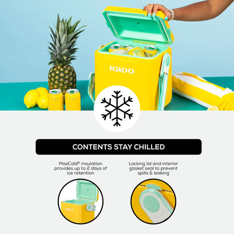 Strapped Picnic Style 11 Quart Cooler with Adjustable Crossbody Strap for hands free carry and lid locks spill proof design.