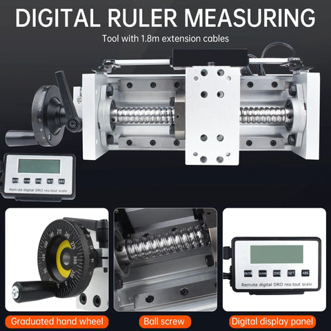 Manual Linear Stage Actuator MBX80 with digital ruler, extension cables, handwheel, ball screw, and display for precision milling.