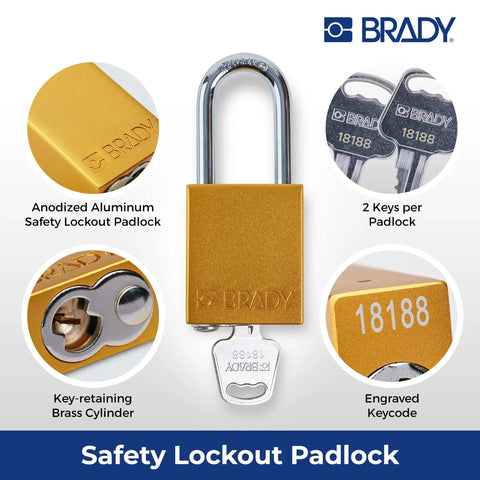 Lockout Tagout Padlock Set Six Pack Yellow Keyed Alike With Two Keys Per Lock OSHA Compliant Safety Locks Aluminum Bodies And Steel Shackles Brass Key Retaining Cylinders with Brady branding