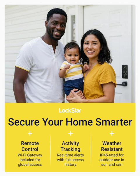 Family standing by door with Keyless Entry Smart Door Lock With App Access, Fingerprint Touch ID, Keypad Code, Card FOB And Traditional Key