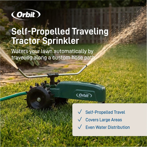 Self Propelled Traveling Sprinkler Delivers Hands Free Wide Lawn Coverage With A Rugged Cast Iron Body Adjustable Coverage