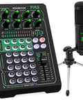 Live Broadcast Sound Card And Rechargeable Mixer Kit With Condenser Microphone, showing control panel and mic on stand