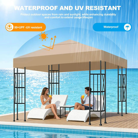 10x10 Ft Replacement Gazebo Top Canopy Cover Weatherproof Sun Shade outdoors by a pool with people relaxing underneath.