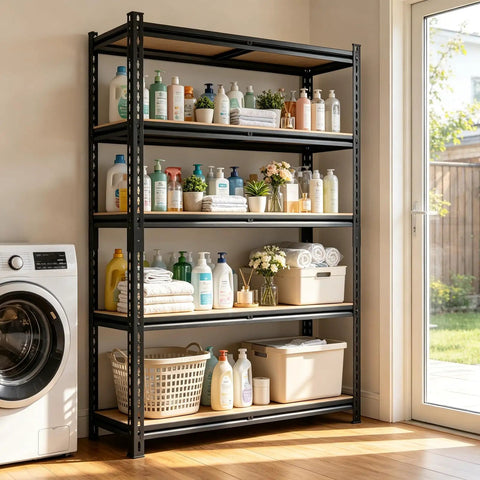 Heavy Duty 5 Tier Adjustable Storage Shelves Rack Holds Up To 3000 Lbs For Garage Kitchen Basement Pantry Or Warehouse Durable Metal Shelving With Solid Wooden Boards 72 In High 36 In Wide 16 In Deep Black in laundry room