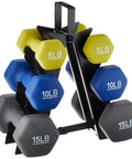 Hex Neoprene Dumbbell Set With Rack 3 Pairs 5 10 And 15 Lb Neoprene Coated Hand Weights on black stand, yellow blue gray weights