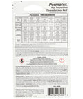 Back view of Permatex High Temperature Threadlocker Red packaging with detailed product specifications and safety instructions.