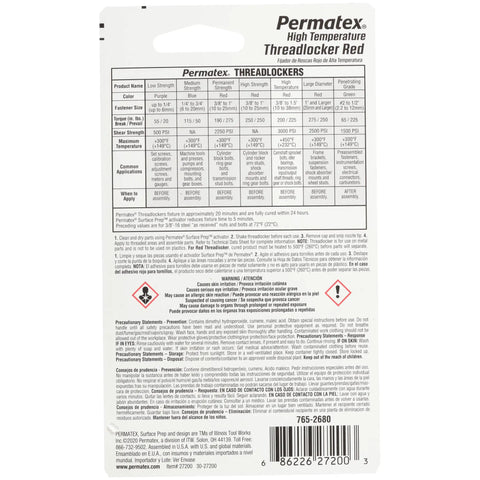 Back view of Permatex High Temperature Threadlocker Red packaging with detailed product specifications and safety instructions.