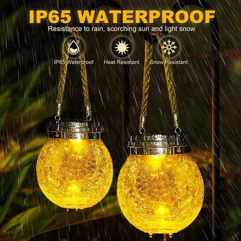 Outdoor Solar Lanterns 2 Pack IP65 Waterproof Hanging Lights With Warm Amber and RGB Glow Crackle Glass Ball Globes for Patio