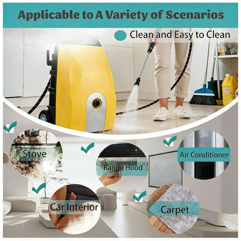 Heavy Duty 3000 Watt Industrial Steam Cleaner With Hot Water Power For Kitchen Grease And Appliance Care Fast 20 Second Heat Up At 4-5 Bar Pressure Professional Grade Cleaning Tool Using Pure Water Only No Chemicals Needed To Scrub Away Dirt And Grime used for cleaning stove, range hood, car interior, carpet, and air conditioners.