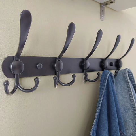 Wall Mount Coat Rack With Five Tri Hooks Tough As Nails Built To Last Heavy Duty Stainless Steel Rail Black Finish 2 Pack