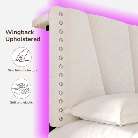 Close-up of wingback upholstered headboard in cozy beige, highlighting skin-friendly texture and elegant design features.