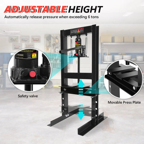 Beefy 6 Ton H Frame Hydraulic Shop Press With Adjustable Floor Stand Height Range Two To Nine Inches And Stamping Plates