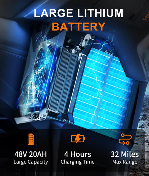 Close-up of 48V 20Ah lithium battery for Teens Electric Dirt Bike 2000W Peak Power Off Road Monster with blue lighting effect