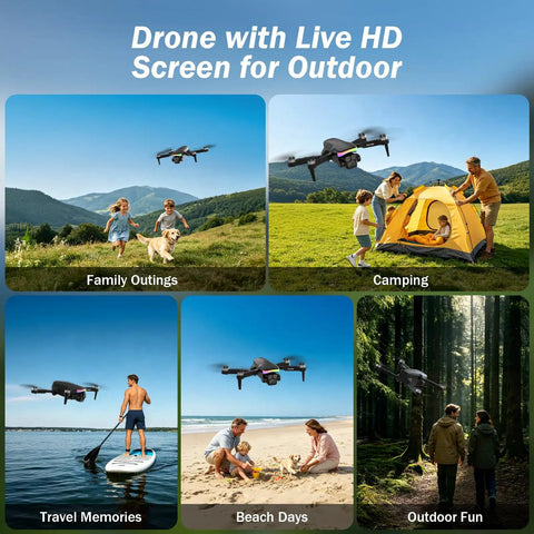 Image of 1080P Camera Drone With Built In Screen For Beginners Dope Easy One Key Start Headless Mode 3D Flip Dual 90 Degree Lens LED Lights Optical Flow Modular Battery Case Included For Kids And Adults flying over outdoor activities such as camping and beach days.