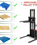 High Capacity Walkie Pallet Stacker With Electric Power next to various pallet types with check marks indicating compatibility.
