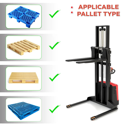 High Capacity Walkie Pallet Stacker With Electric Power next to various pallet types with check marks indicating compatibility.