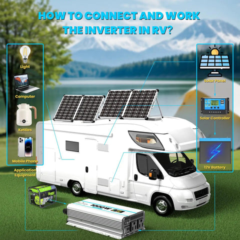 Image showing 1000 Watt Car Power Inverter Flips 12 Volt Battery Juice Straight Into 110 Volt Wall Outlet Power in RV setup.
