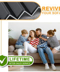 Heavy Duty Couch Bottom Support Board For Sagging Sofas, Solid Wood Core With 400 Pound Capacity, Wide Foldable Base displayed with family on sofa.