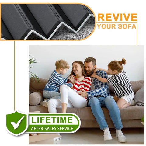 Heavy Duty Couch Bottom Support Board For Sagging Sofas, Solid Wood Core With 400 Pound Capacity, Wide Foldable Base displayed with family on sofa.