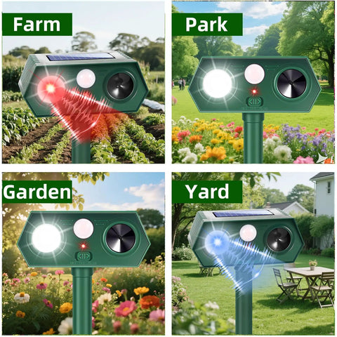 Solar Powered Ultrasonic Animal Repeller Pro Defense For Garden And Yard Deterrent Scares Deer Raccoon Squirrel Cats Rabbits Skunk With Motion Sensor Light IP65 Weatherproof Outdoor Protector in farm and park