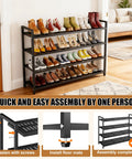 Heavy Duty Metal Shoe Shelf For Up To 30 Pairs, black freestanding rack displaying various footwear in a cozy entryway.