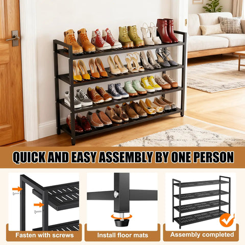 Heavy Duty Metal Shoe Shelf For Up To 30 Pairs, black freestanding rack displaying various footwear in a cozy entryway.