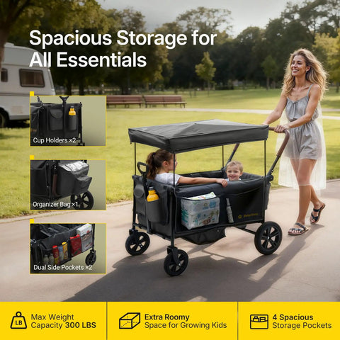 Woman pushing Kids Stroller Wagon With One Hand Adjustable Push Pull Handle, alloy steel frame, rubber wheels, spacious storage.