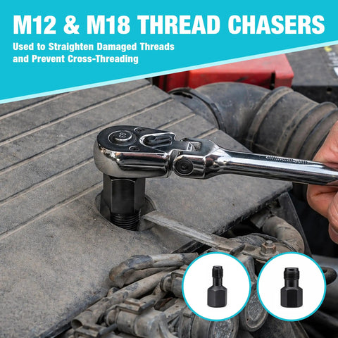 Thread chaser tool in use from O2 Sensor Socket Set With 6 Sizes And 3/8 Inch And 1/2 Inch Drives, Includes sockets, in use