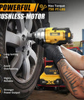 Grease Monkey Ready Brushless Cordless Impact Wrench 1/2 Inch High Torque 740 Ft Lbs with LED light used to change tire on a vehicle.