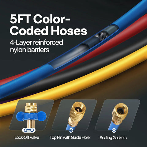 5FT color-coded hoses with reinforced nylon layers for AC repair in Knockout Performance One Third Hp Five Cfm Ac Vacuum Pump Set.