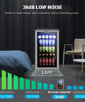 Wine And Beverage Cooler With Glass Door 128 Can Capacity Mini Fridge For Home Or Office Adjustable Removable Shelves Silver Finish Precise Temperature Control With Easy Touch Panel in a room setting with decibel level chart