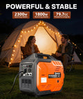 2300W Inverter Generator for Camping and RVs Portable Beast Power in front of a lit tent with two people at night