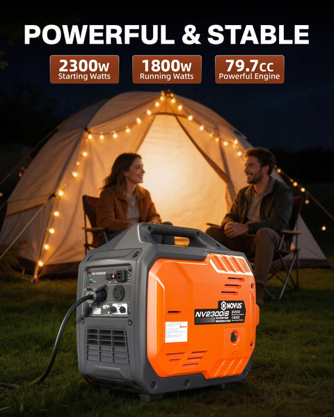 2300W Inverter Generator for Camping and RVs Portable Beast Power in front of a lit tent with two people at night
