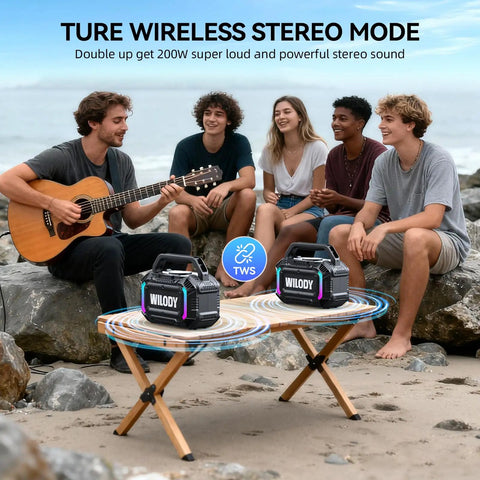 Group enjoying music playing from Beast 100W Bluetooth Outdoor Speaker With IPX7 Waterproof Floatable Design at the beach