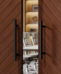 36-Inch Stainless Steel Push Pull Door Handle Black H Shape on wooden doors in an office setting; shows handles from front view.